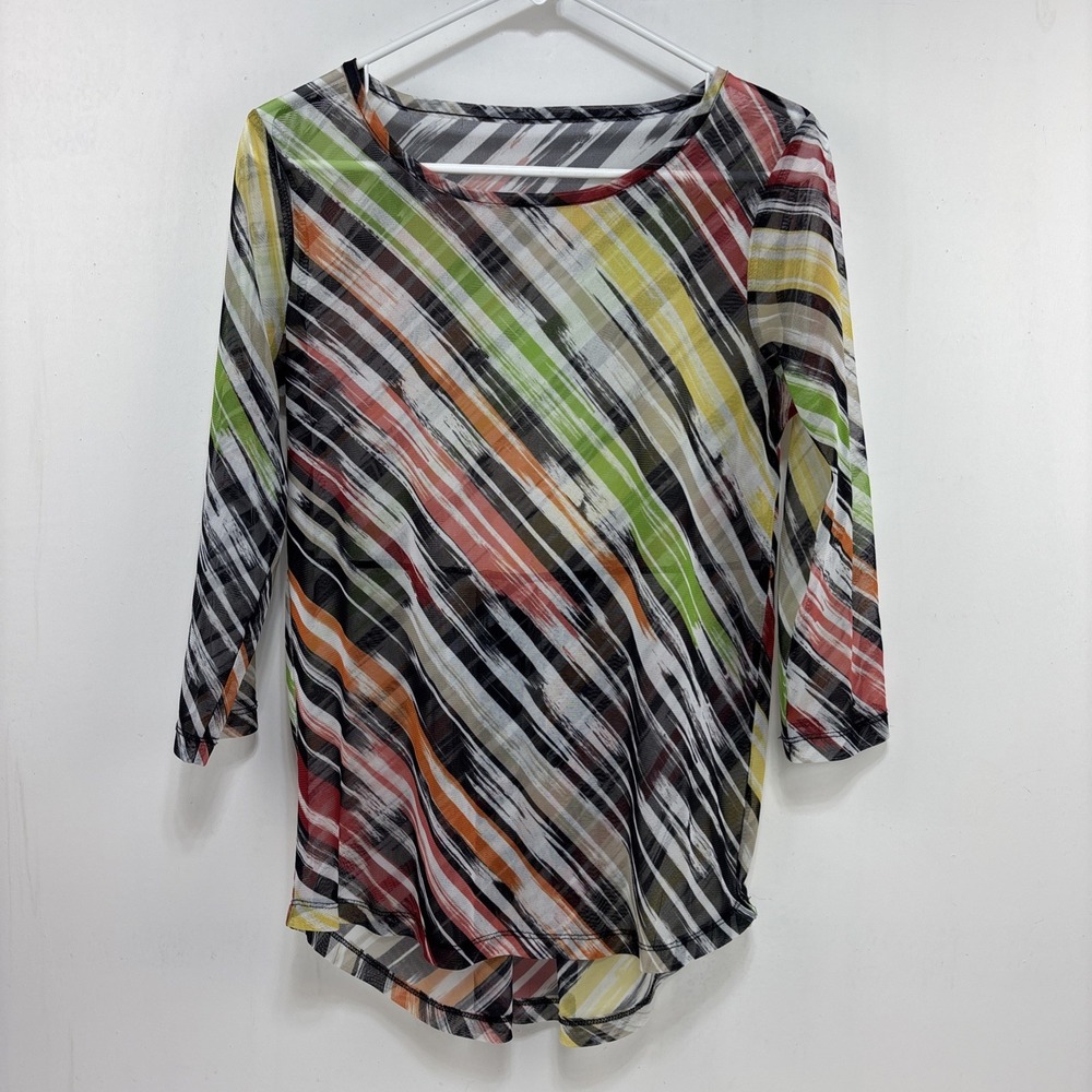 Womens Shirt Mesh Sheer Colorful Abstract Art Brushstroke Pattern‎ Retro Top